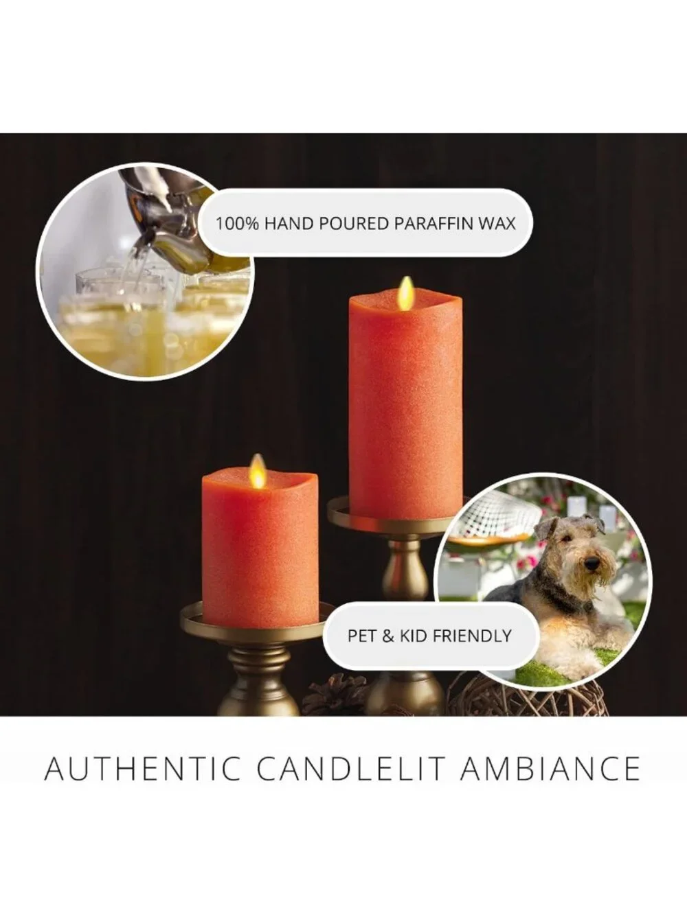 Flameless LED Flickering Pillar Candle - Burnt Orange, Real Wax, Indoor/Outdoor